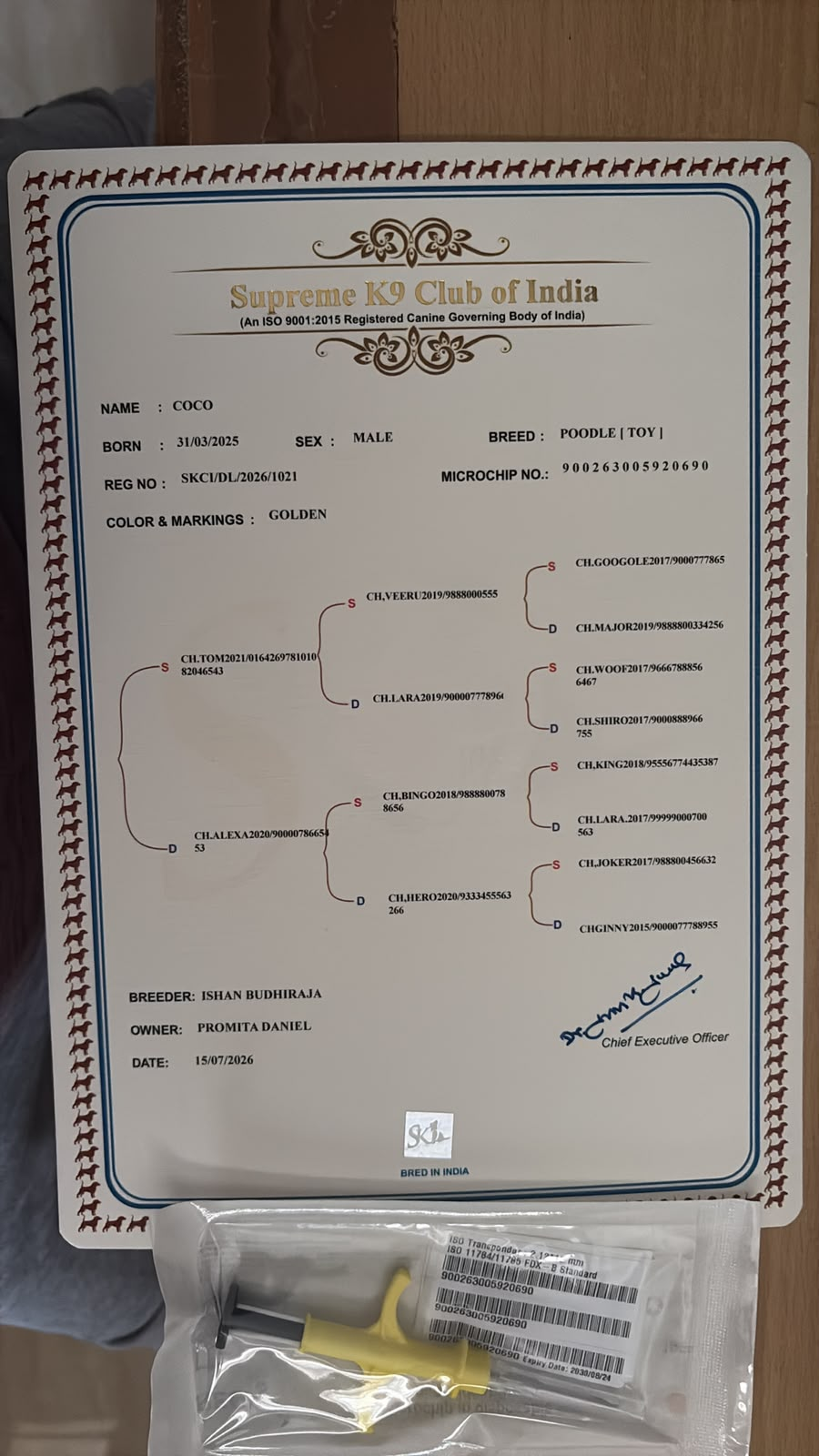Supreme K9 Club of India pedigree certificate and microchip